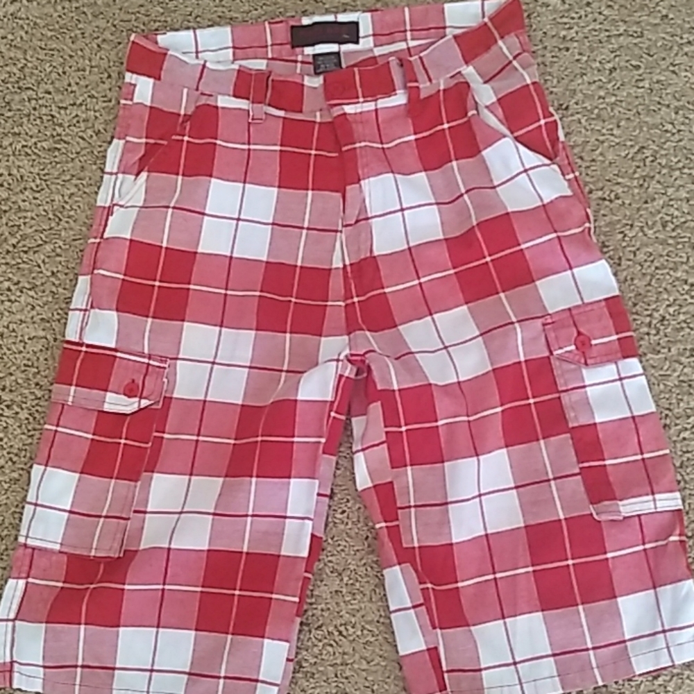 Red ape plaid cotton/polyester men's shorts.